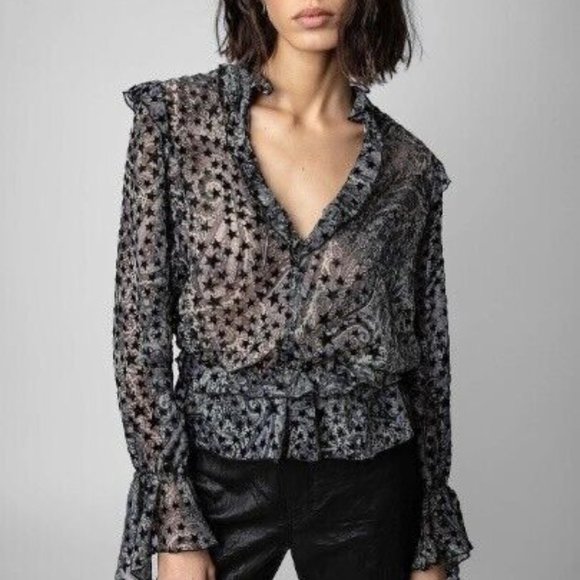 Zadig & Voltaire Blouse Top Tuya Burnout Stars Black Velvet Size M NEW - Picture 1 of 13